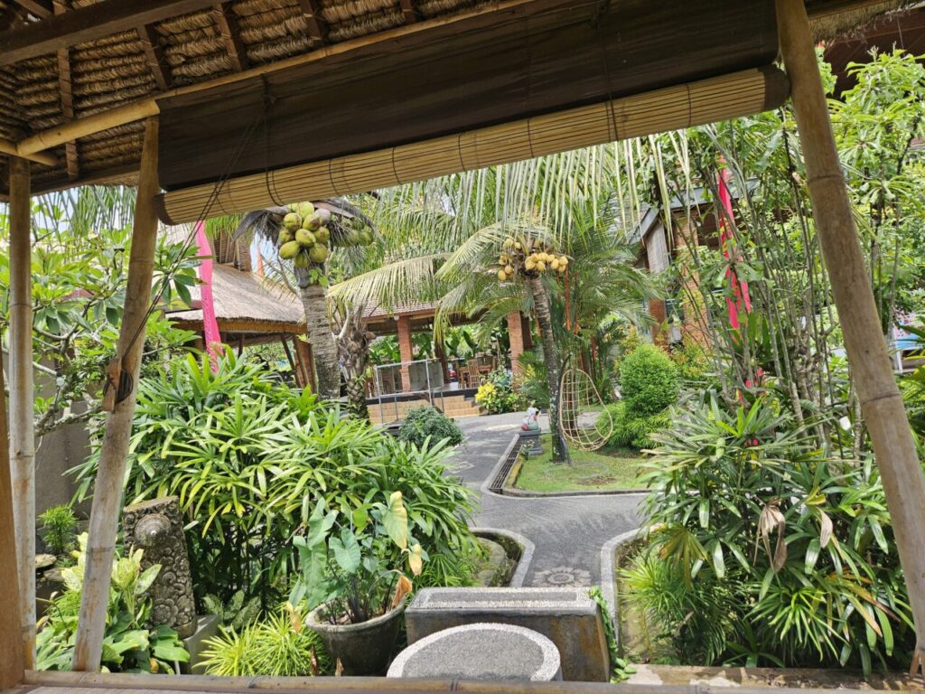 발리 리조트의 야외 공간으로, 코코넛이 열린 야자수와 다양한 녹음이 우거진 풍경이 보인다. 발리 특유의 지붕이 있는 건물과 대나무로 만들어진 그네 의자도 눈에 띈다.