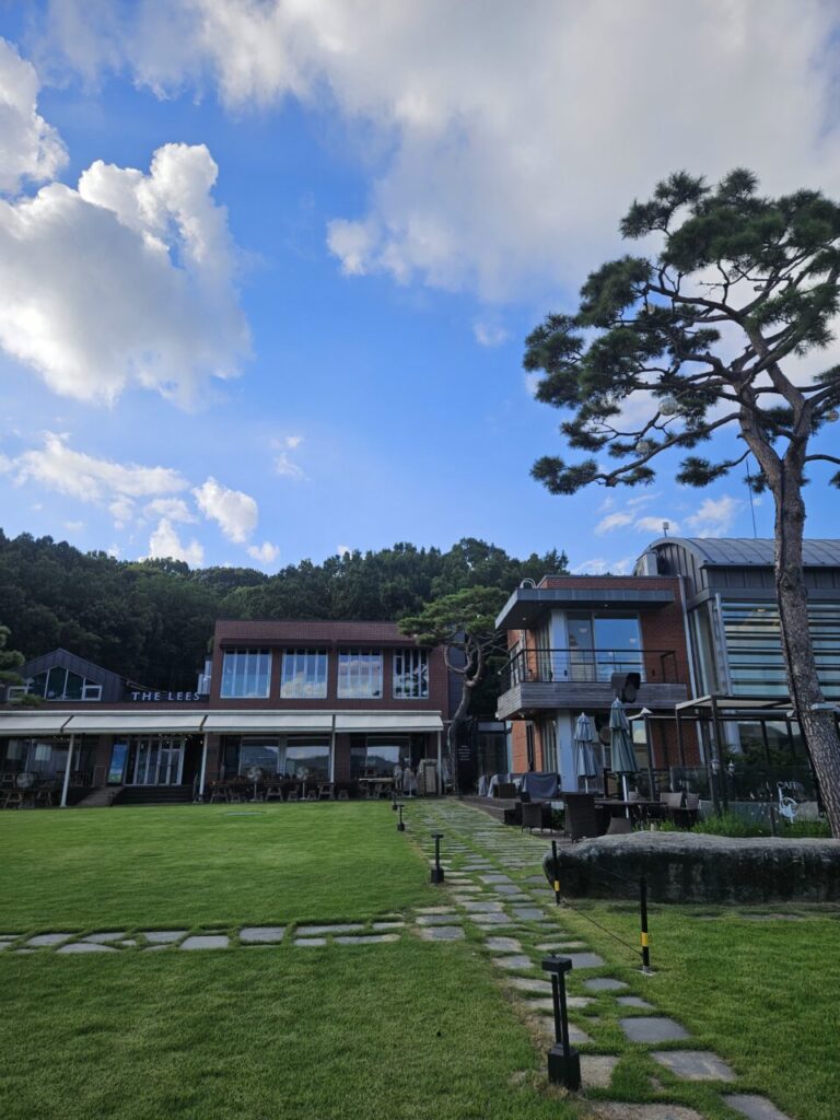 파란 하늘과 구름 아래 넓은 잔디밭과 웅장한 소나무가 있는 대청호 르 카페(LE CAFE) 건물 전경.