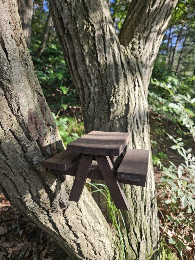 숲속 나무 기둥에 고정되어 있는 귀여운 미니어처 피크닉 테이블.