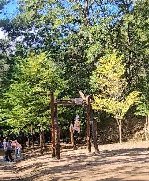 상소동 산림욕장의 어린이 놀이터에서 한 사람이 나무 구조물에 거꾸로 매달려 즐거워하는 모습입니다. 주변은 푸른 잎과 노란 잎이 어우러진 나무들로 둘러싸여 있습니다.