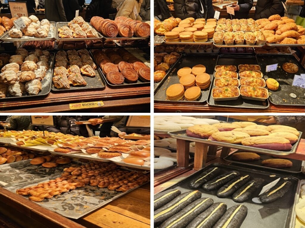 성심당 베이커리에서 갓 구워낸 듯한 다양한 종류의 빵과 페이스트리가 진열된 네 개의 트레이를 한눈에 볼 수 있는 콜라주 이미지입니다.