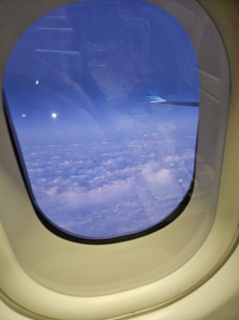 발리 신혼여행 비행 중 가루다 인도네시아 항공 날개와 파란 하늘, 흰 구름이 보이는 창밖 풍경